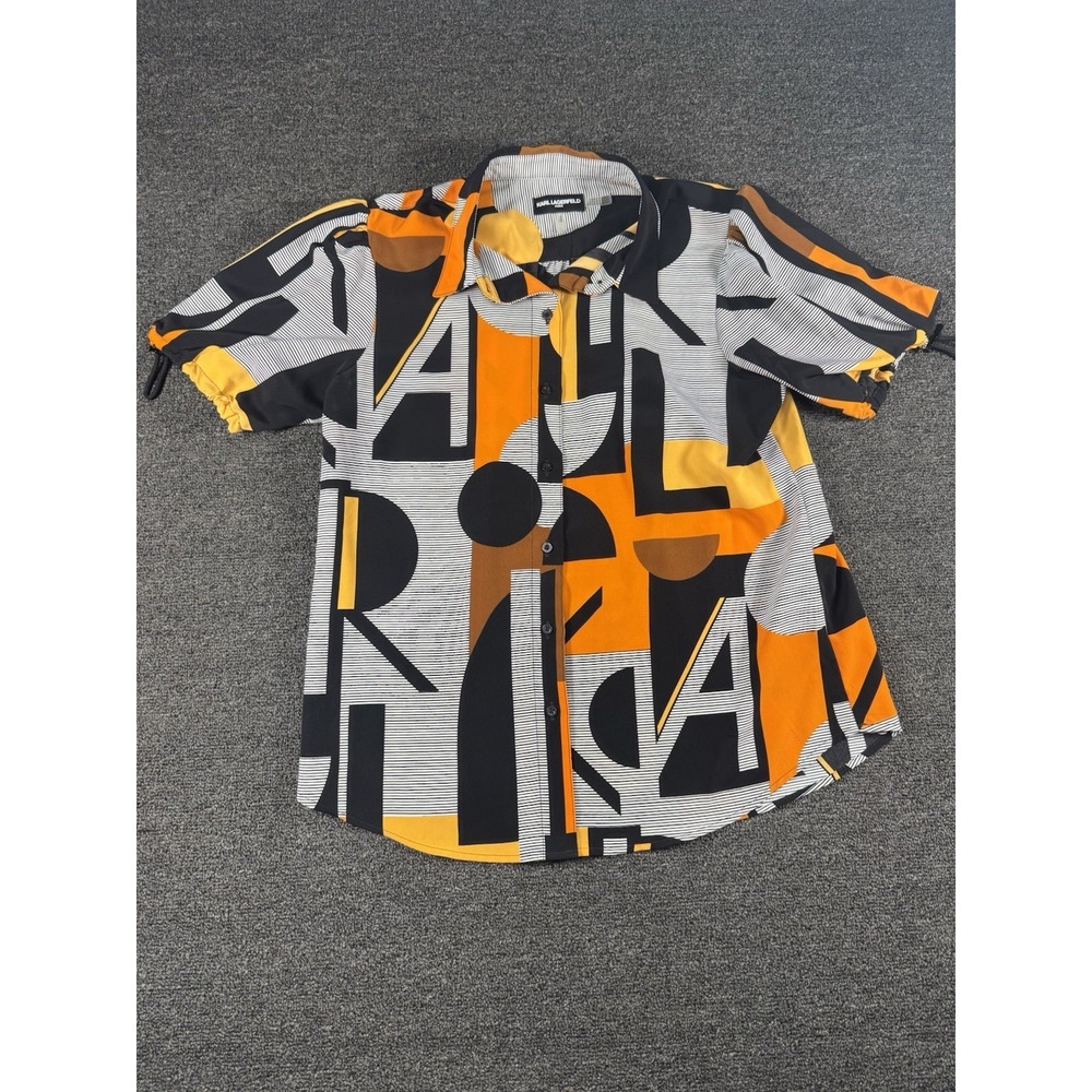 KARL LAGERFELD WOMENS GEO STRIPES BUTTON BLOUSE BUNGEE CORD SLEEVES SIZE MED